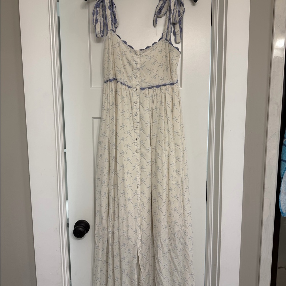 Ivory and Blue Scalloped Trim ric rac Maxi Dress worth collective size small - Picture 3 of 10